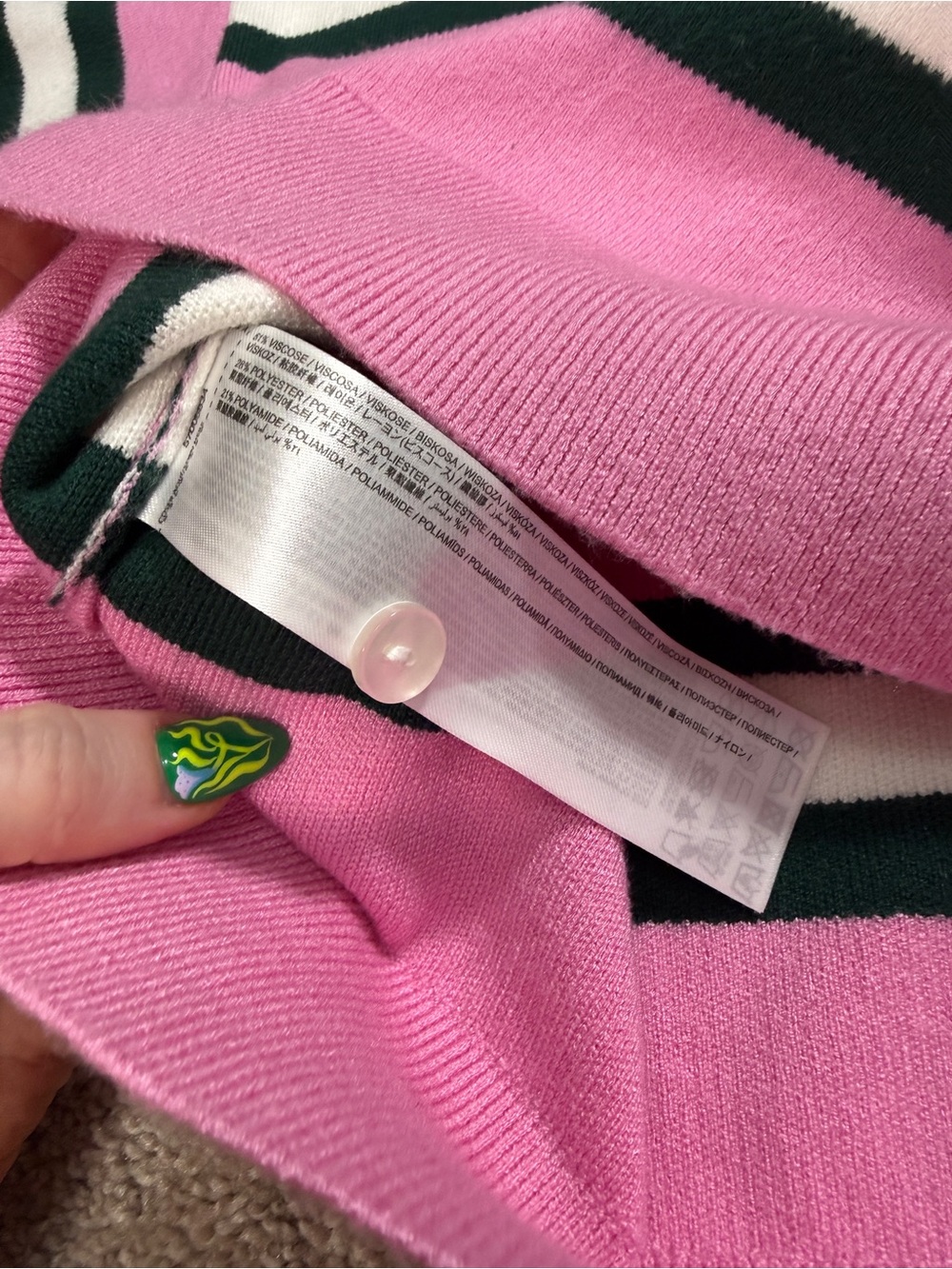 Mango Pink Green Striped Polo Collar Knit Sweater Top Small - Tennis Preppy - Picture 13 of 16